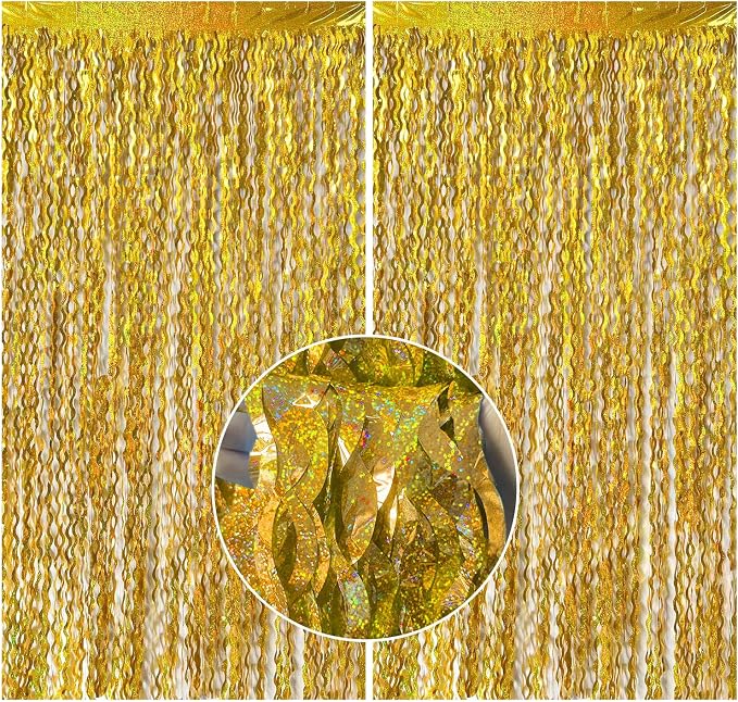 2 Pack Gold Fringe Curtain Backdrop Tinsel Streamers Birthday Party Decorations by BOMSI