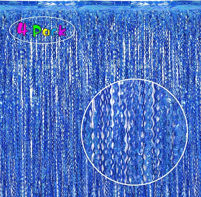 4 Pack 3.3 ft x 6.6 Wavy Sparkle Dark Blue Foil Fringe Backdrop Curtain - Image 2
