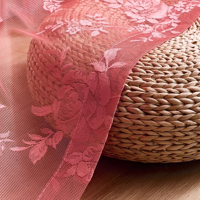 SEEKRIGHT Coral Lace Curtains 63 Inch Length 2 Panels Set Country Floral Sheer - Image 6