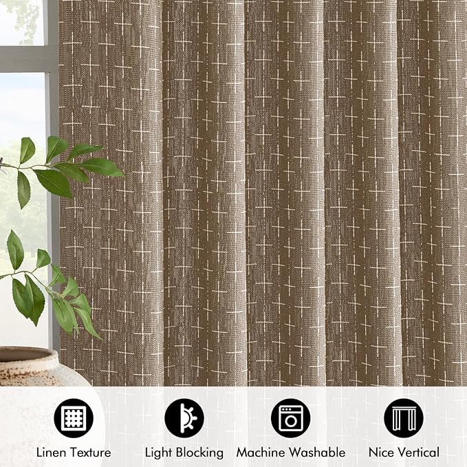 MIULEE Patterned Farmhouse Linen Curtains, Back Tab, Light Brown | Linen - Image 3