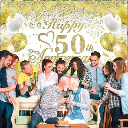 50th Wedding Anniversary Decorations Banner White Gold Happy 50th Anniversary - Image 6