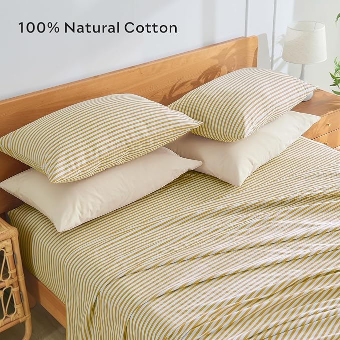 JELLYMONI 100% Cotton Striped Standard Pillowcases Set, 2 Pack White and mustard Yellow Stripes Pillow Covers with Envelope Closure(Pillows are not Included)