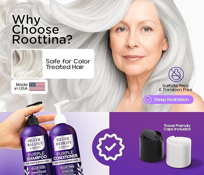 Silver Shine Sulfate Free Brass Toning Purple Shampoo and Conditioner Set for Gray, Blonde & White Hair – Neutralizes Brass, Enhances Shine, Supports Cool Tone, Made in USA, 16 fl oz