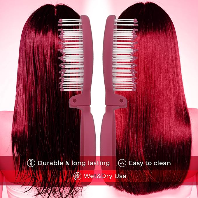 Mini Detangler Travel Hair Brush with Mirror, Makaron Hair Brushes for Women, Men and Kids, Unique 3D Flexible Design for All Hair Types, Styling Accessory, Travel Essentials for Women (DARK PINK)