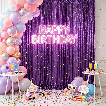 ShinyBeauty Purple Sequin Backdrop Curtains 4 Panels 2x8ft Photo Booth | - Image 3