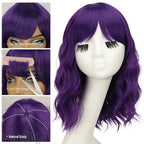 Nnzes Wig Bangs Natural Purple Short Wavy Hair for Women Natural Looking Heat Resistant Bob Wigs with Synthetic Wig for Daily Party Use