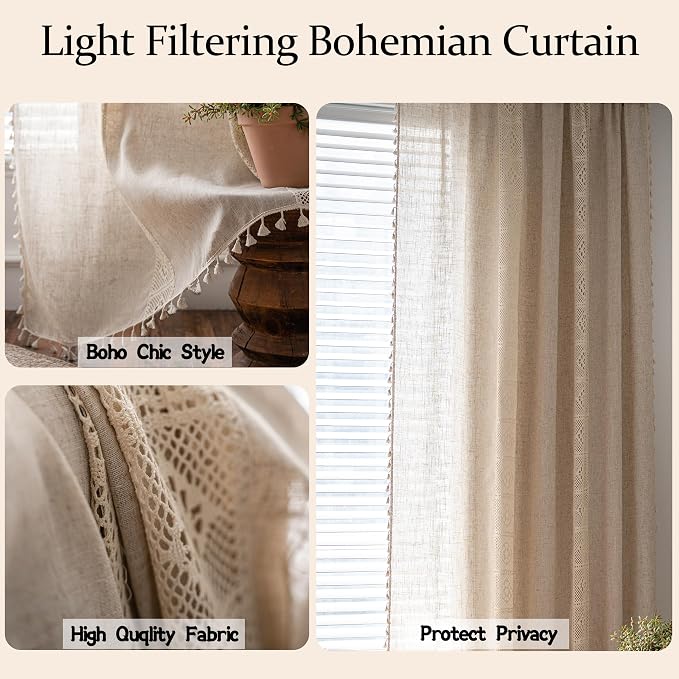 Sutuo Home Boho Curtain Semi-Blackout Crochet Hollow Lace Patchwork - Image 3