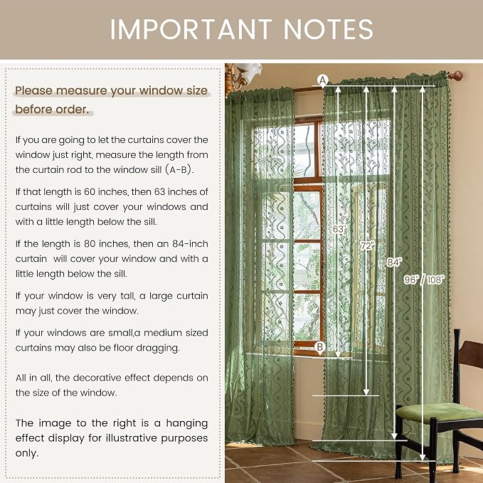 WAZZIO Boho Lace Curtains 2 Panels 63 Inches -Vintage Victorian Sheer Panel - Image 8