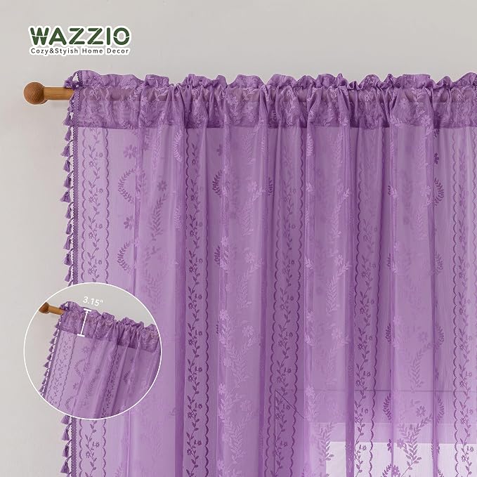 WAZZIO Boho Lace Curtains 84 Inch 2 Panels -Sheer Panel Drape Floral Pattern & - Image 7