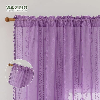 WAZZIO Boho Lace Curtains 84 Inch 2 Panels -Sheer Panel Drape Floral Pattern & - Image 7
