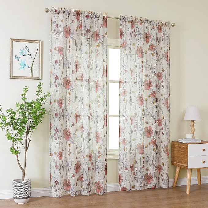 OWENIE Crushed Sheer Curtains 96 Inch Length 2 Panels Set, Sheer Floral by OWENIE