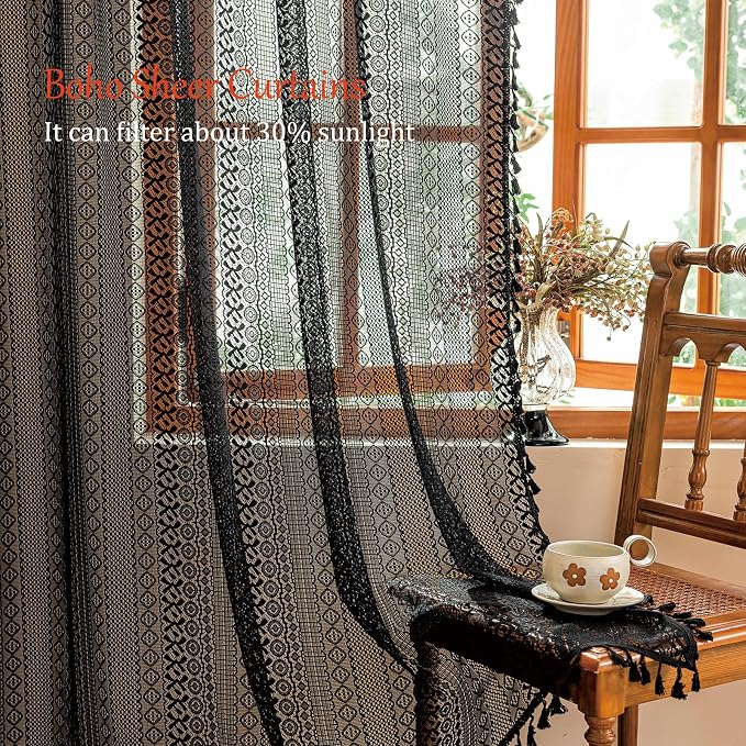 Sutuo Home Black Boho Sheer Curtains 84 inches Long - Image 2