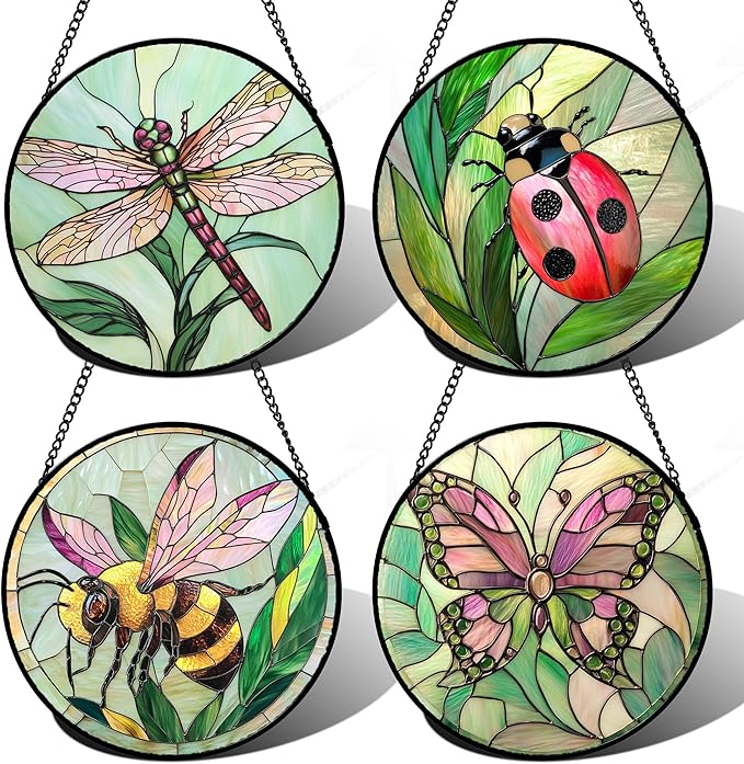 DASTOLL Stained Glass Window Hanging 4 Pcs Set Pink Green Insect Theme 6.3" by DASTOLL