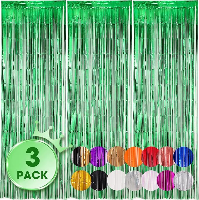 Voircoloria Green Foil Fringe Backdrop Curtains, 3 Pack | Tinsel Streamers by Voircoloria