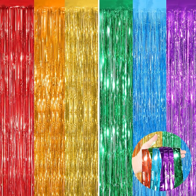 Rainbow Metallic Tinsel Foil Fringe Curtains, 2 Pack 3.3x8.3 Feet Party Streamer by NUWDHP
