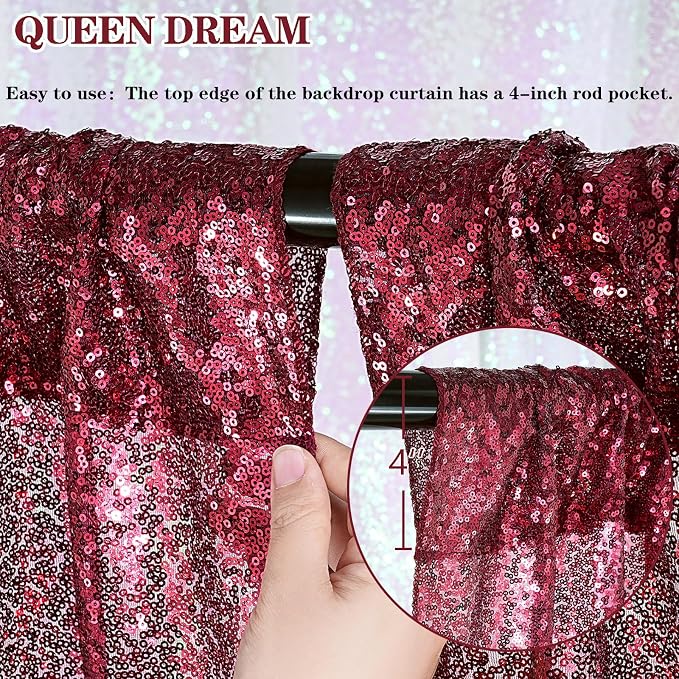 4x8FT Burgundy Red Sequin Backdrop Curtains Drape - Image 6