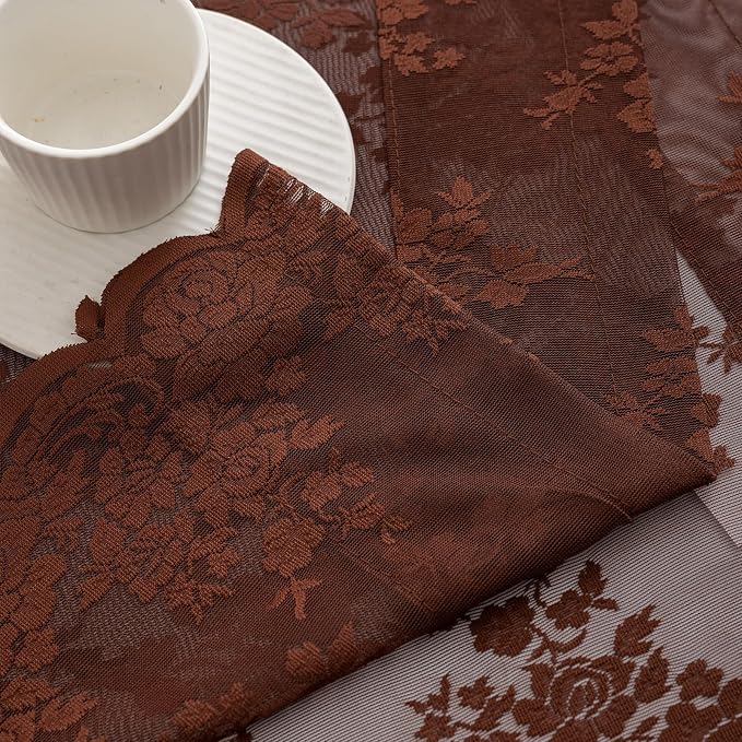 Kotile Warm Brown Sheer Kitchen Curtains Rustic Floral W42xL45 in, 2 Panels | - Image 6