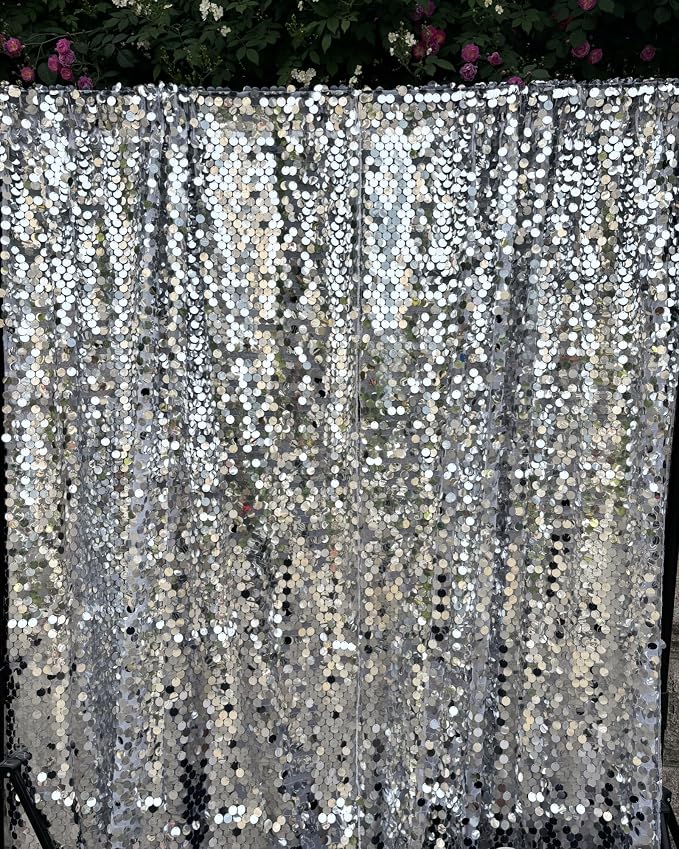 Silver Sequin Backdrop 18MM Large Sequins, 4x10 Feet, 2 Panel Glitter Sparkler - Image 5