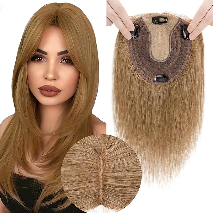 Hair Toppers for Women Real Human Hair No Bangs, 13 * 15 cm Larger Silk Base 150% Density Clip In Topper Hairpieces, Wiglet Top Pieces Add Volume -12 Inch 06 Light Brown