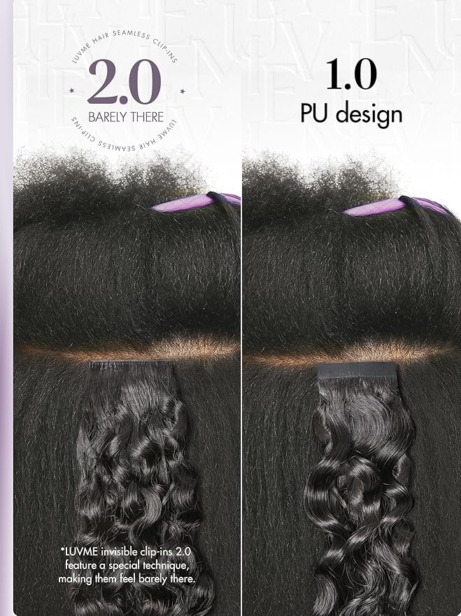LUVME Invisible Clip in Hair Extensions Messy Curly Real Human Hair, Remy Hair Clip ins for Women, Natural Human Hair, 14 inch 110g 6Pcs, Natural Black