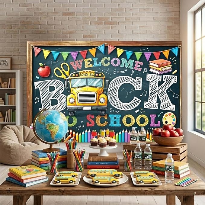 Welcome Back to School Backdrop 59x39in Chalkboard Party Background | Washable - Image 8