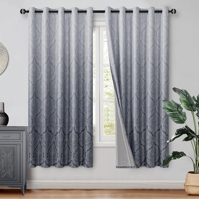 DWCN Grey Double Layers Damask Patterned Blackout Curtains by DWCN