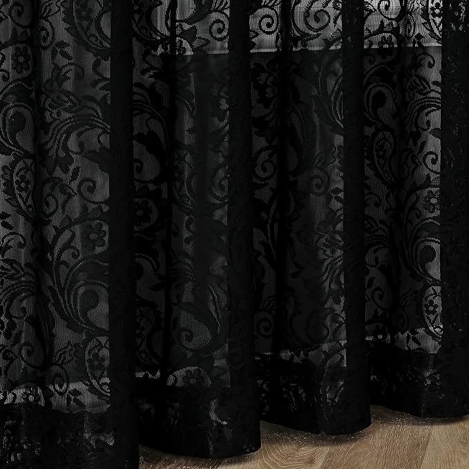 Bujasso Black Lace Pinch Pleat Curtains 102 inch, Gothic Vintage Floral Sheer - Image 6