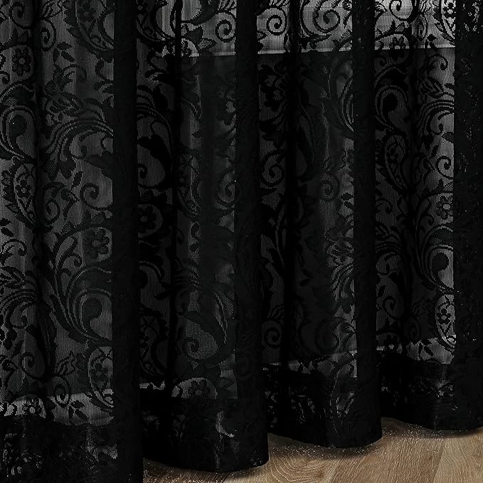 Bujasso Black Lace Pinch Pleat Curtains 90 inch, Gothic Vintage Floral Sheer - Image 6