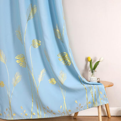 Sky Blue Blackout Curtains for Bedroom, Room Darkening Gold Palm Tree Pattern - Image 7