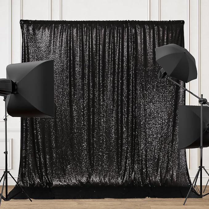 PartyDelight Black Sequin Backdrop 8x8ft Sparkly Photo Curtain | 4 Inch Rod by PartyDelight