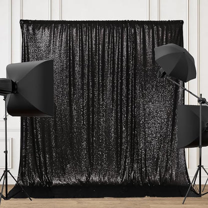 PartyDelight Black Sequin Backdrop 6x7ft Sparkly Photo Curtain | 4 Inch Rod by PartyDelight