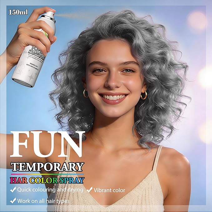 Temporary Hair Color Spray | 150ml Instant Silver Gray Hair Spray for Adults & Kids | Washable & Non-Sticky, Gentle Formula, Grey | Halloween, Cosplay, Costume Party, Festivals