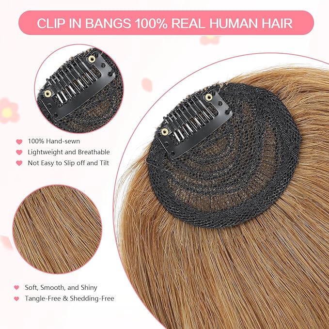 Clip in Bangs 100% Real Human Hair, French Bangs Hair Clip, Fake Bang Fringe with Temples Hairpieces for Women Daily Wear (Light Brown, French Bangs)