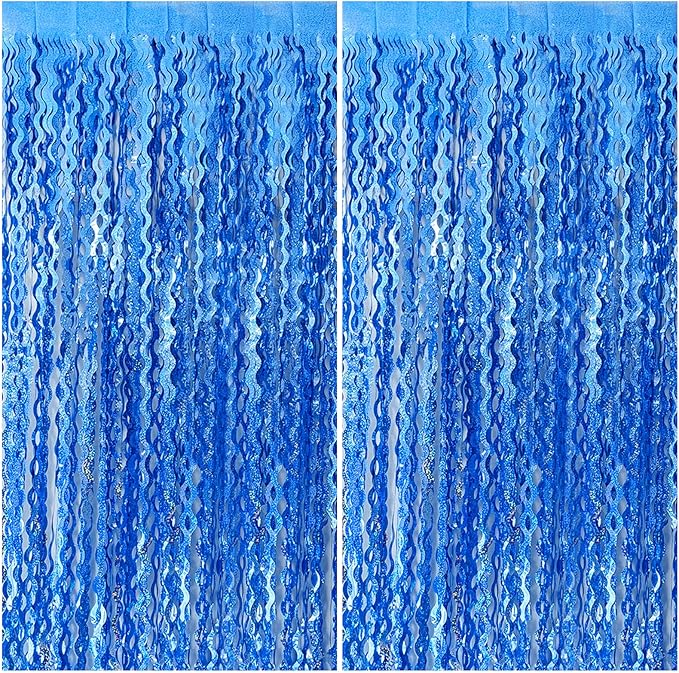 Blue Backdrop Wavy Tinsel Foil Fringe Curtains by BOMSI