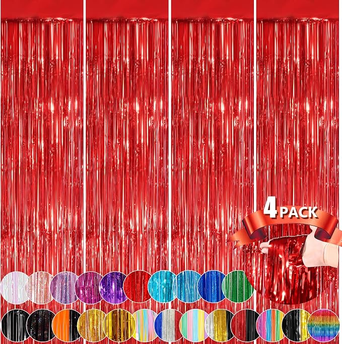 Red Metallic Tinsel Foil Fringe Curtains, 4 Pack 3.3x8.3 Feet Streamer Backdrop by NUWDHP
