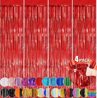 Red Metallic Tinsel Foil Fringe Curtains, 4 Pack 3.3x8.3 Feet Streamer Backdrop by NUWDHP