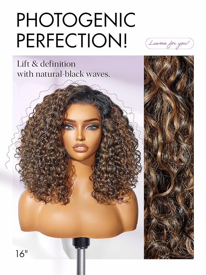 LUVME HAIR 100% Human Hair Wigs Curly Deep Wave Glueless Lace Front 16 Inches Pre Cut Plucked Hd Lace Short Wig Ready To Go Highlight Color Straight Bleached Knots Side Part Black Wigs