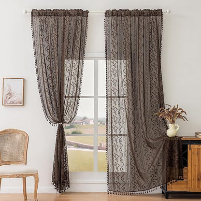 WAZZIO Boho Lace Curtains 2 Panels 84 Inch -Victorian Sheer Panel Drape French - Image 4