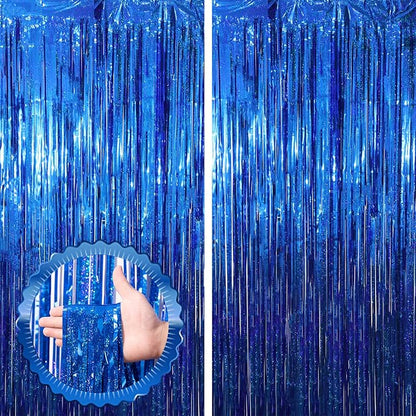 Voircoloria Laser Blue Foil Fringe Backdrop Curtains, 2 Pack | Tinsel Streamers by Voircoloria