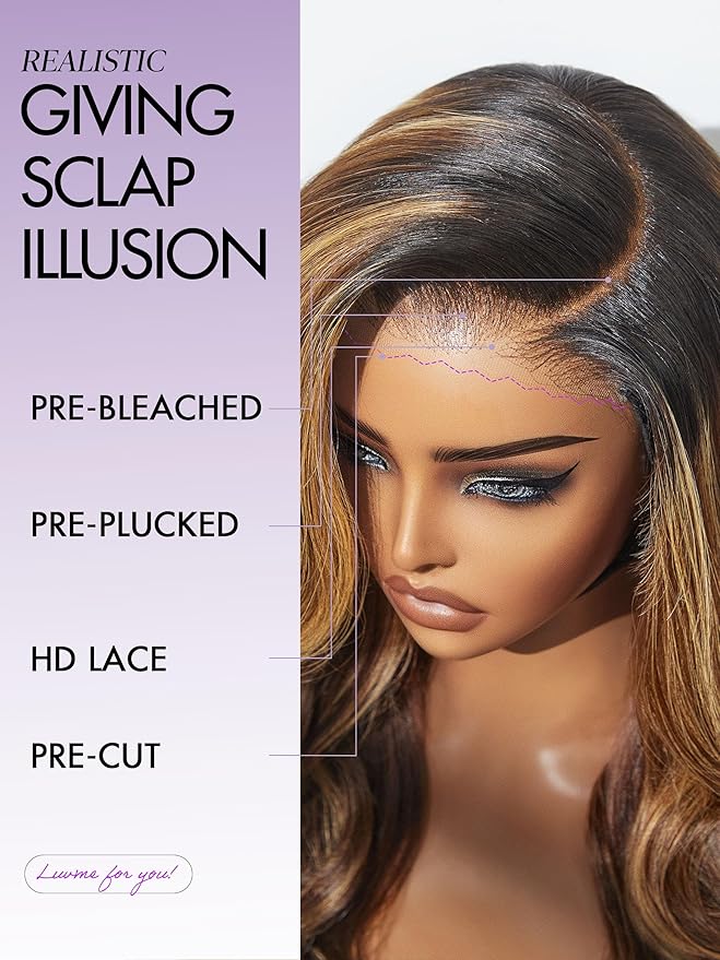 LUVME HAIR 7x6 HD Lace All-Day Comfort Wig 200% Density Hair PartingMax Lace Wigs Loose Body Wave Lace Front Wigs Human Hair Pre Cut Plucked Lace Frontal Glueless Mix Brown Highlight Color 18 Inches