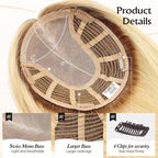 Large MONO Top Hair Toppers for Women Remy Human Hair 14 Inch 6"x7" Big Base Partial wig Cover Thinning Hair or Loss No Bangs Natural Wiglets (Blonde Mixed Brown)