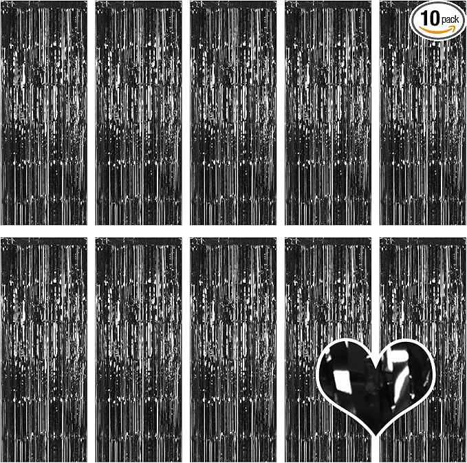 10 Pack Black Backdrop Curtain 3.2ft x 8.2ft Metallic Tinsel Foil Fringe by Ohiyoo