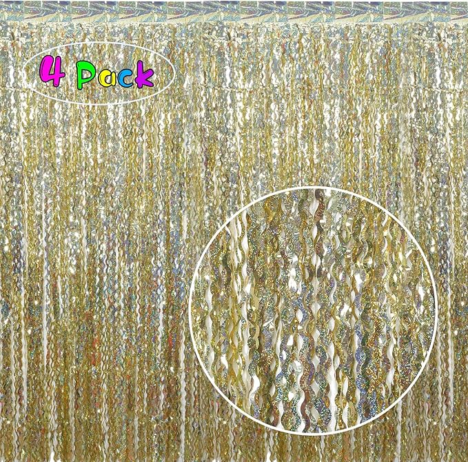 4 Pack Wavy Sparkle Champagne Gold Metallic Tinsel Foil Fringe Curtains Photo - Image 2
