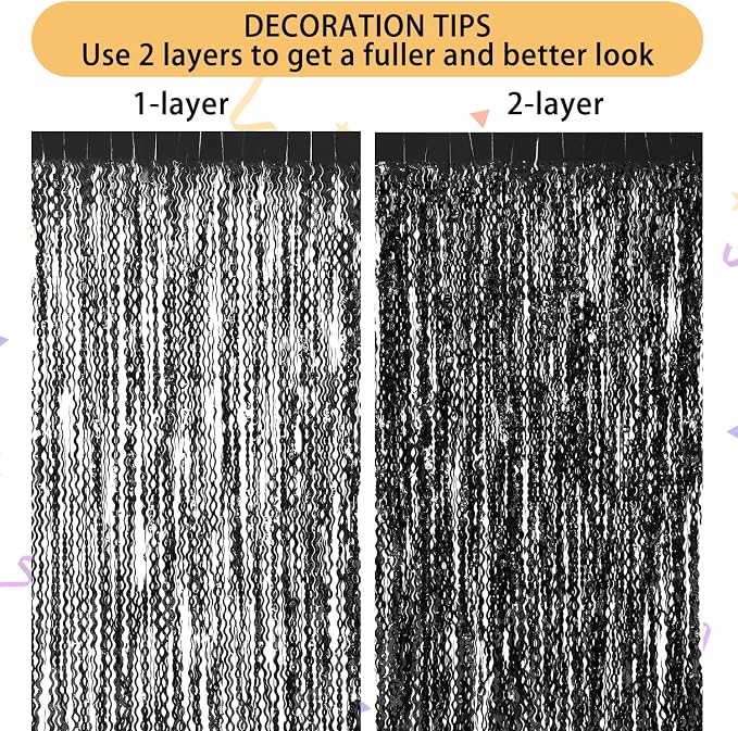 3 Pack New Years Decorations Wavy Black Tinsel Foil Fringe Curtains Party - Image 5