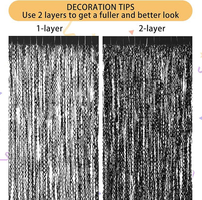 3 Pack New Years Decorations Wavy Black Tinsel Foil Fringe Curtains Party - Image 5