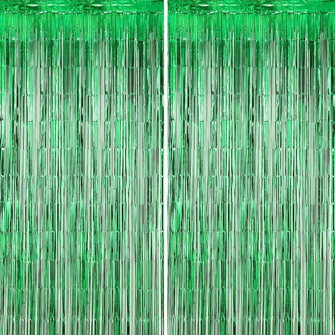 Voircoloria Green Foil Fringe Backdrop Curtains, 2 Pack | Tinsel Streamers by Voircoloria