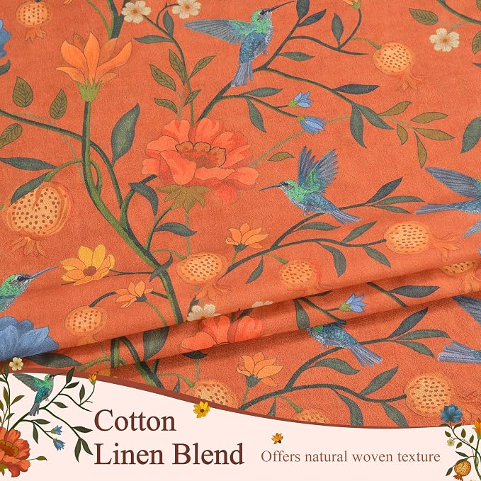 Orange Floral Linen Curtains, Boho Whimsical Bird Print Curtains - Image 5