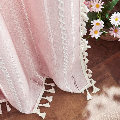 Linen Boho Pink Embroidered Curtains - Image 3