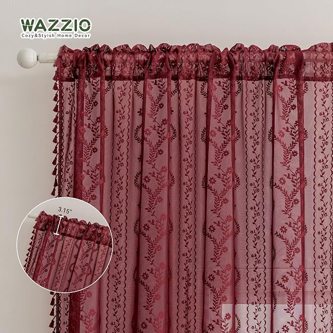 WAZZIO Boho Lace Curtains 2 Panels 63 Inch -Victorian Sheer Panel Drape French - Image 6