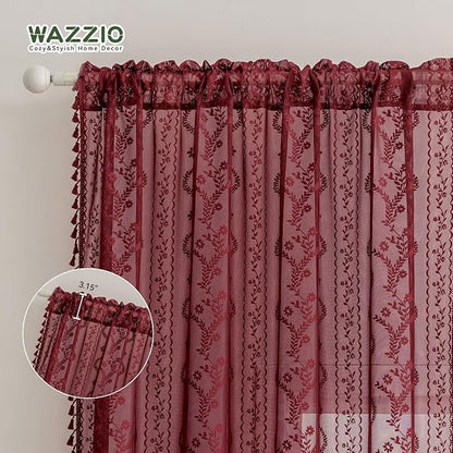 WAZZIO Boho Lace Curtains 2 Panels 63 Inch -Victorian Sheer Panel Drape French - Image 6